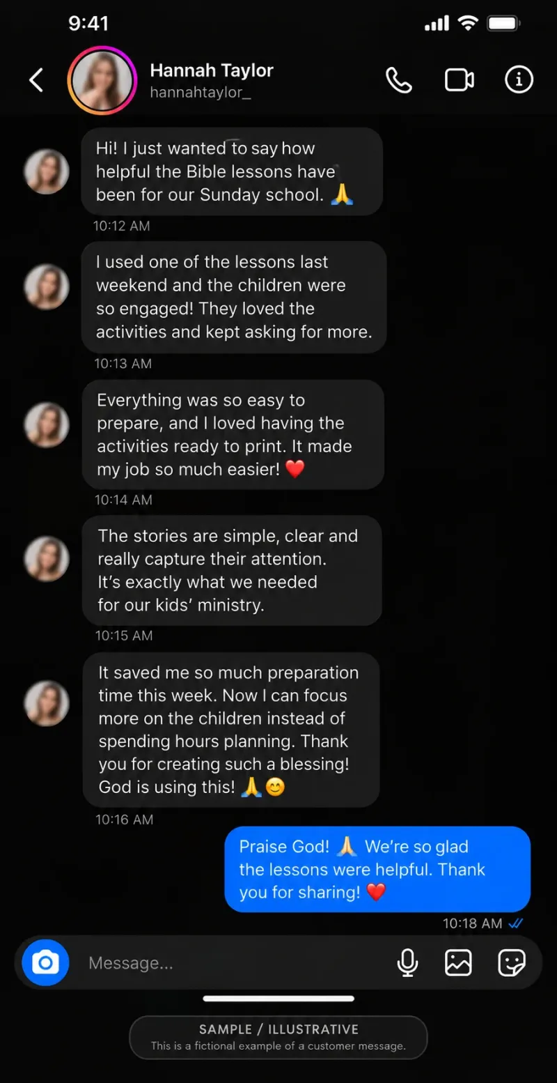 Instagram message from Hannah Taylor saying the Bible lessons saved her preparation time and engaged her Sunday school kids
